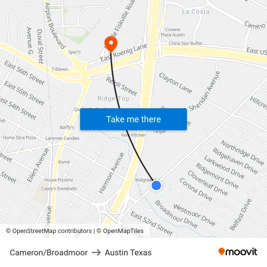 Cameron/Broadmoor to Austin Texas map