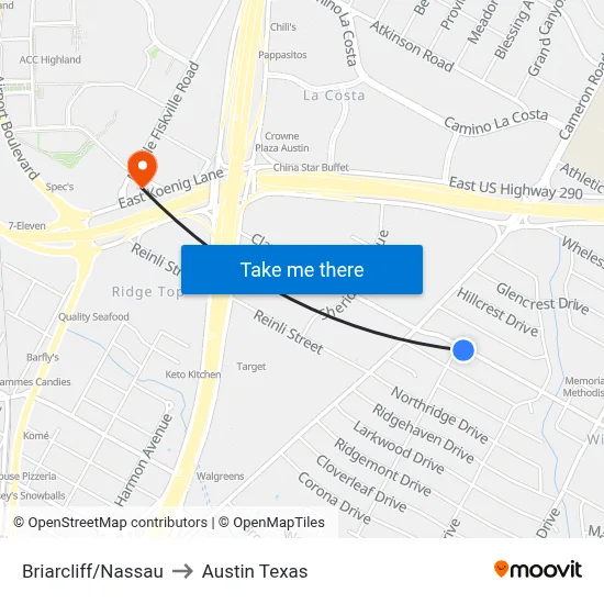 Briarcliff/Nassau to Austin Texas map