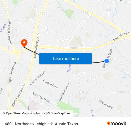 6801 Northeast/Lehigh to Austin Texas map
