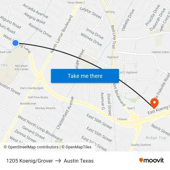 1205 Koenig/Grover to Austin Texas map