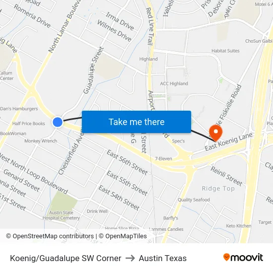 Koenig/Guadalupe SW Corner to Austin Texas map
