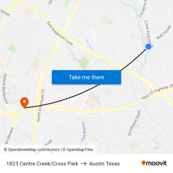 1823 Centre Creek/Cross Park to Austin Texas map