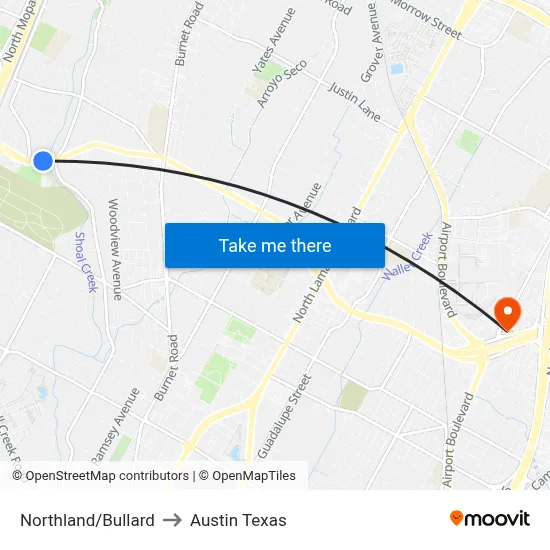 Northland/Bullard to Austin Texas map