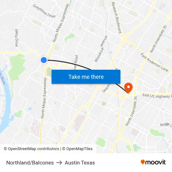 Northland/Balcones to Austin Texas map
