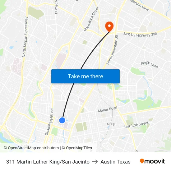 311 Martin Luther King/San Jacinto to Austin Texas map