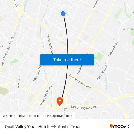 Quail Valley/Quail Hutch to Austin Texas map