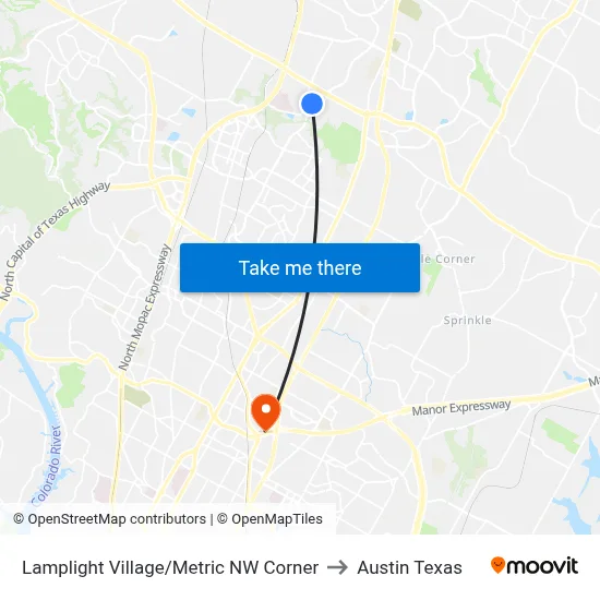 Lamplight Village/Metric NW Corner to Austin Texas map