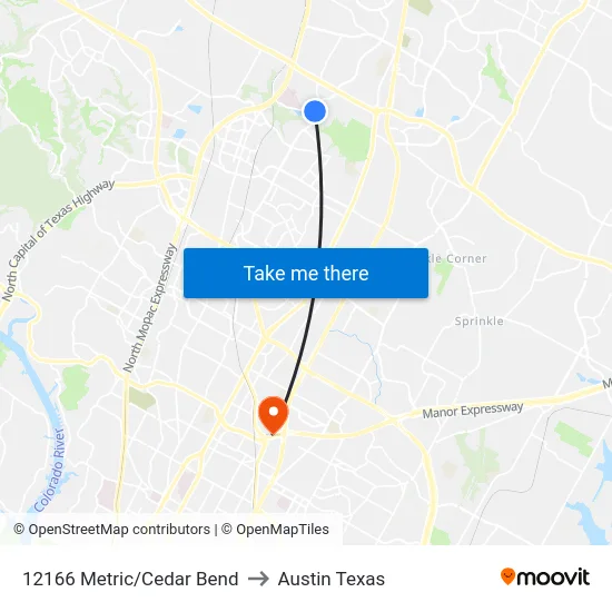 12166 Metric/Cedar Bend to Austin Texas map