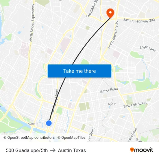 500 Guadalupe/5th to Austin Texas map