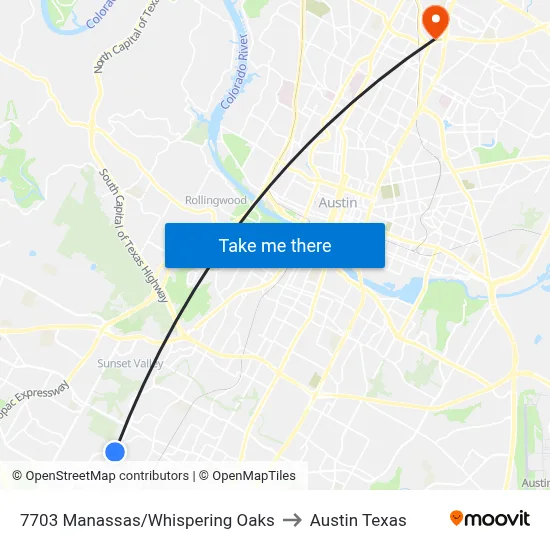 7703 Manassas/Whispering Oaks to Austin Texas map