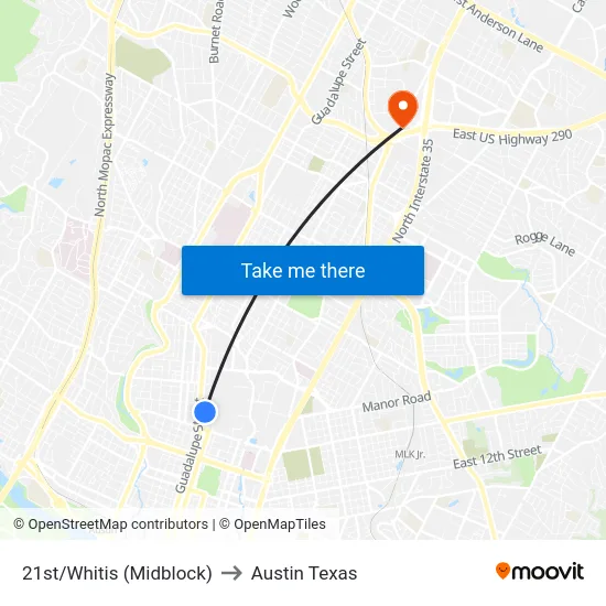 21st/Whitis (Midblock) to Austin Texas map