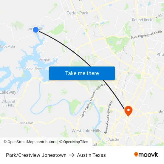 Park/Crestview Jonestown to Austin Texas map
