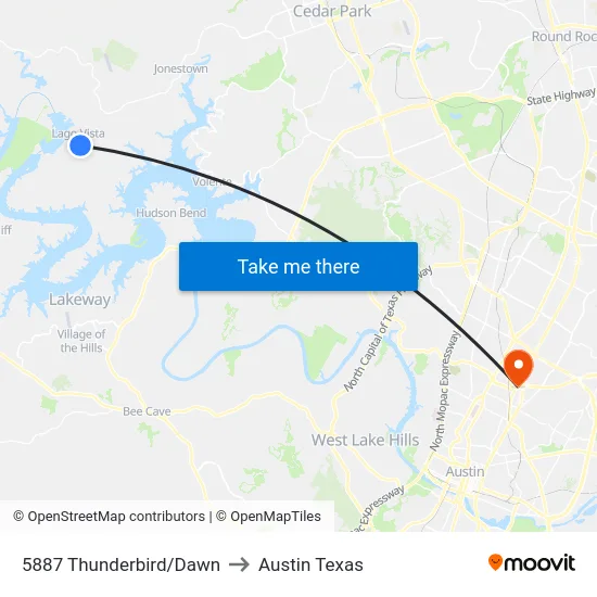 5887 Thunderbird/Dawn to Austin Texas map