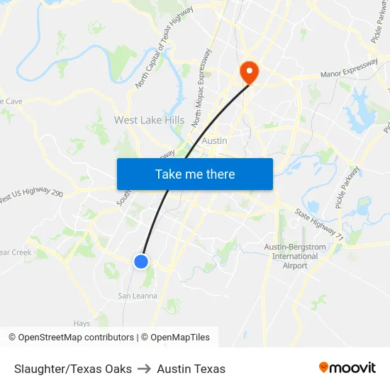 Slaughter/Texas Oaks to Austin Texas map