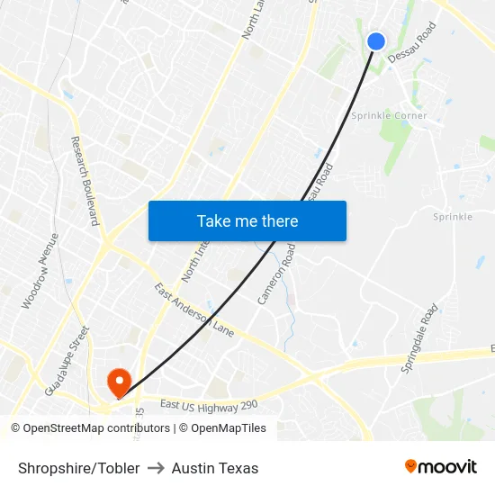 Shropshire/Tobler to Austin Texas map