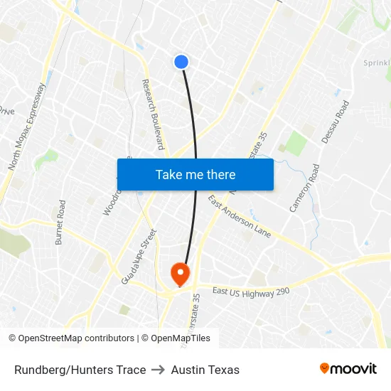 Rundberg/Hunters Trace to Austin Texas map