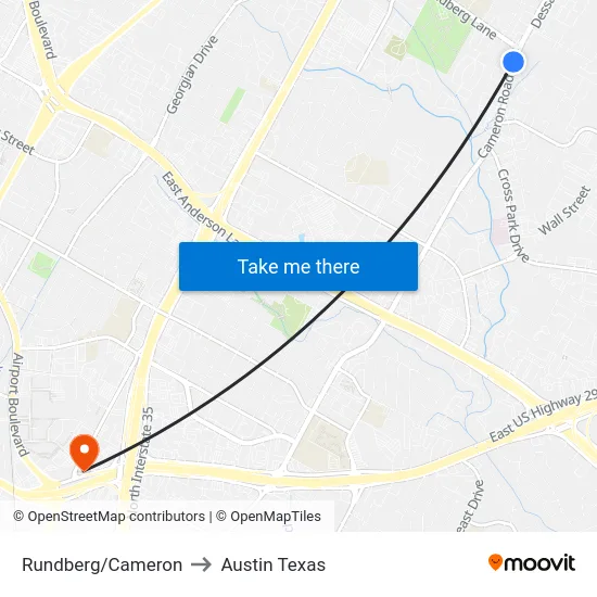Rundberg/Cameron to Austin Texas map