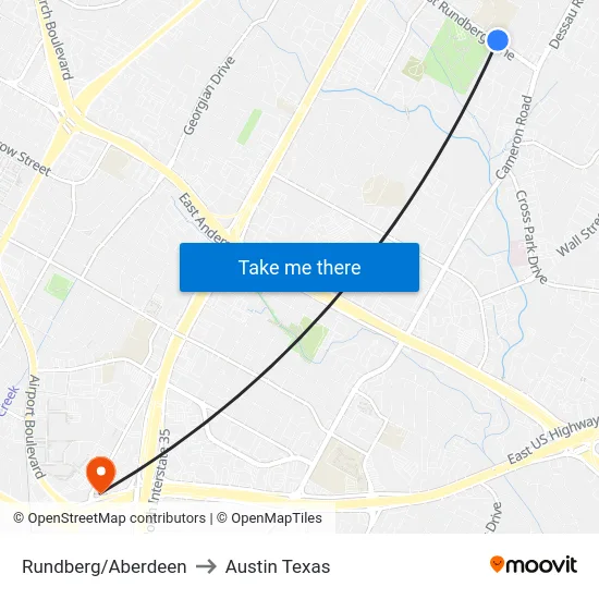 Rundberg/Aberdeen to Austin Texas map