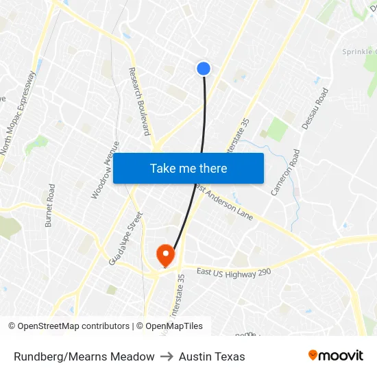 Rundberg/Mearns Meadow to Austin Texas map