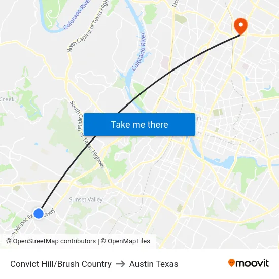 Convict Hill/Brush Country to Austin Texas map
