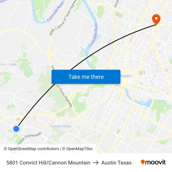 5801 Convict Hill/Cannon Mountain to Austin Texas map