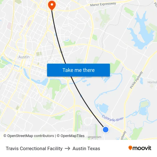 Travis Correctional Facility to Austin Texas map