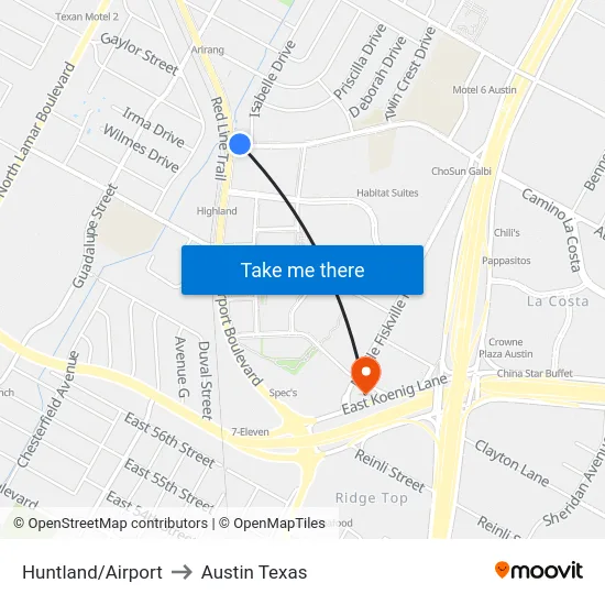 Huntland/Airport to Austin Texas map