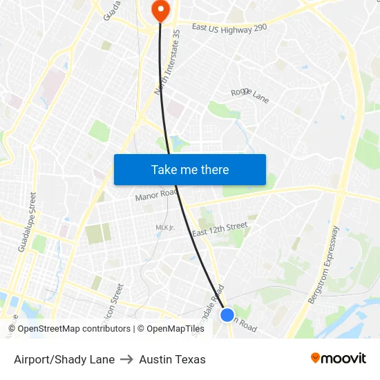 Airport/Shady Lane to Austin Texas map