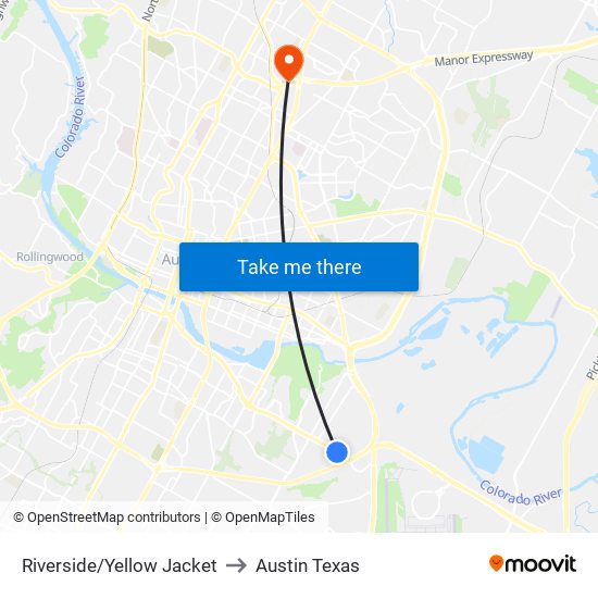 Riverside/Yellow Jacket to Austin Texas map