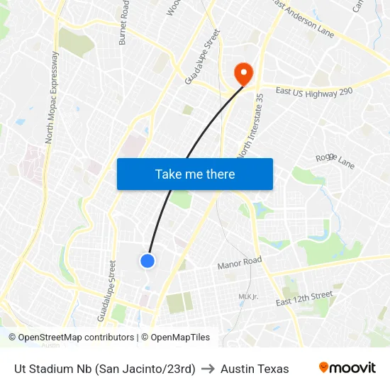 Ut Stadium Nb (San Jacinto/23rd) to Austin Texas map