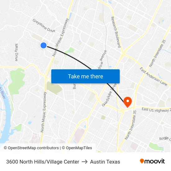 3600 North Hills/Village Center to Austin Texas map