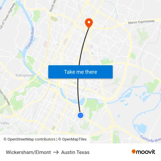 Wickersham/Elmont to Austin Texas map