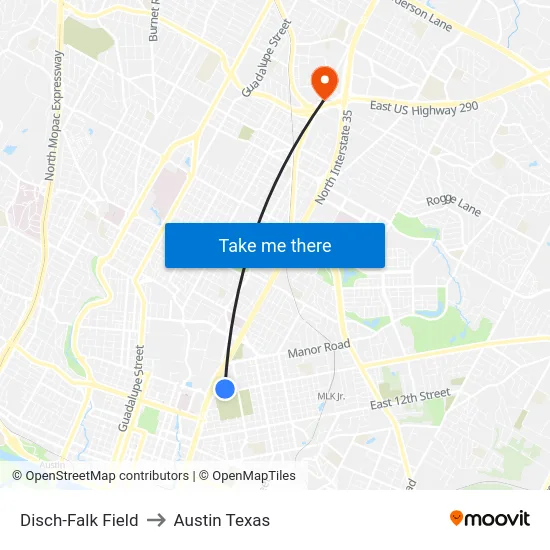 Disch-Falk Field to Austin Texas map