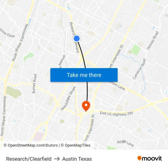 Research/Clearfield to Austin Texas map