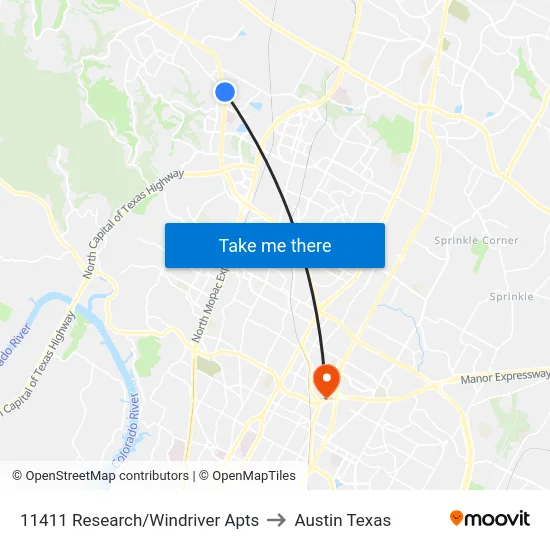 11411 Research/Windriver Apts to Austin Texas map