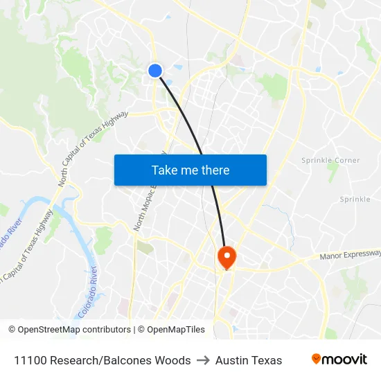 11100 Research/Balcones Woods to Austin Texas map