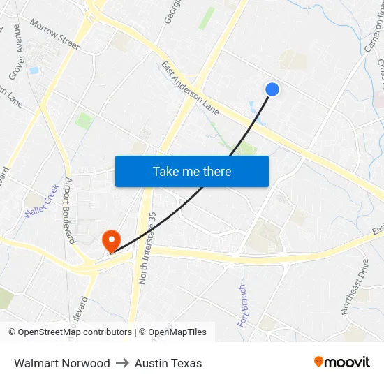 Walmart Norwood to Austin Texas map