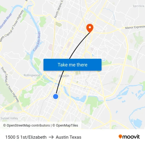 1500 S 1st/Elizabeth to Austin Texas map