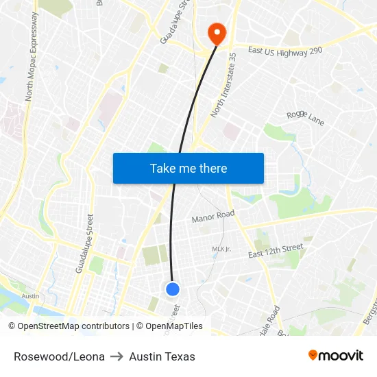 Rosewood/Leona to Austin Texas map