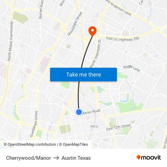 Cherrywood/Manor to Austin Texas map