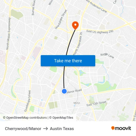 Cherrywood/Manor to Austin Texas map
