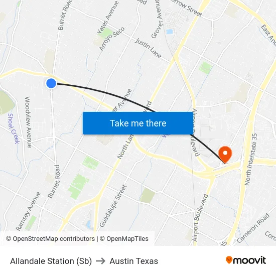 Allandale Station (Sb) to Austin Texas map