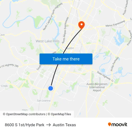 8600 S 1st/Hyde Park to Austin Texas map