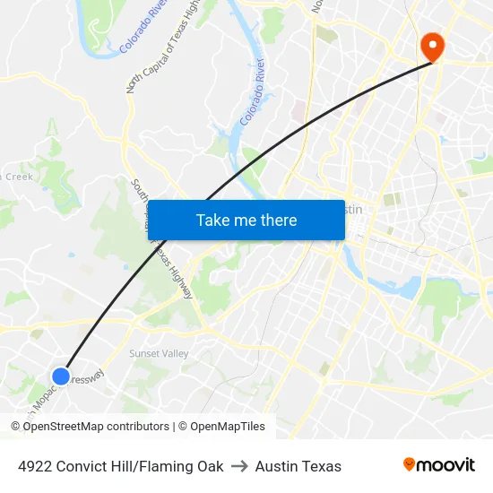 4922 Convict Hill/Flaming Oak to Austin Texas map