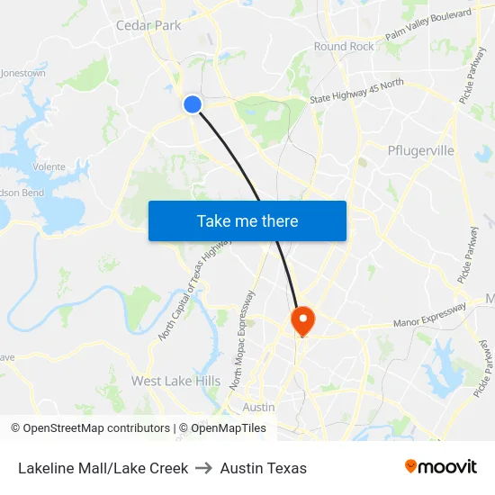 Lakeline Mall/Lake Creek to Austin Texas map