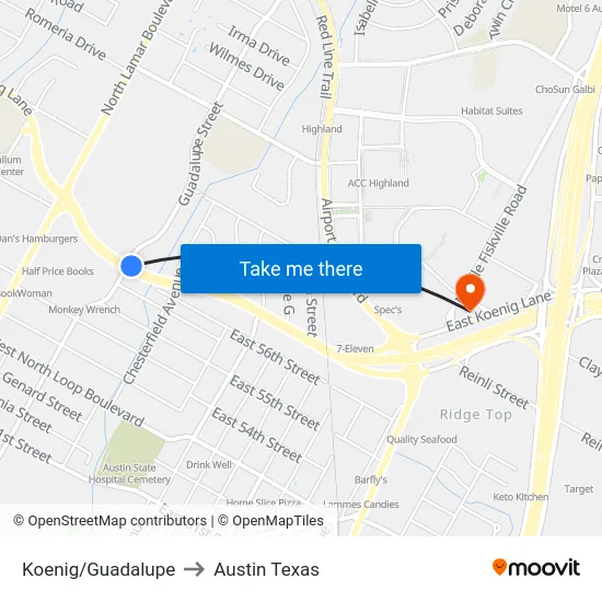 Koenig/Guadalupe to Austin Texas map
