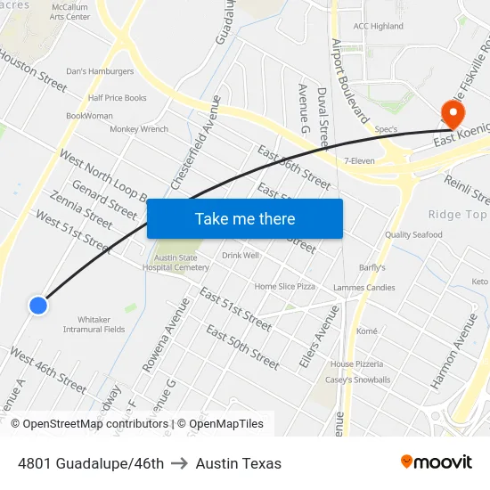 4801 Guadalupe/46th to Austin Texas map