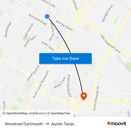 Woodrow/Dartmouth to Austin Texas map