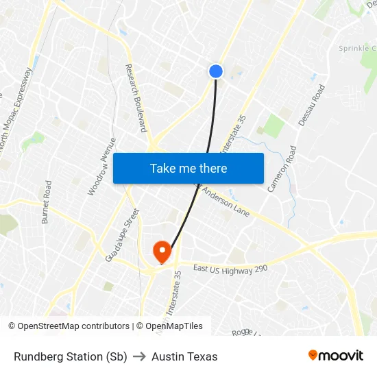 Rundberg Station (Sb) to Austin Texas map