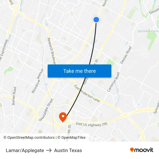 Lamar/Applegate to Austin Texas map